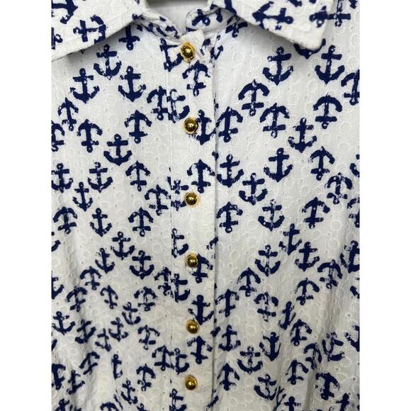 Vineyard Vines Shirt Dress White Navy Anchor Button Front Preppy Coastal Size 16 - Picture 5 of 12